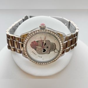 Betsey Johnson Silver Glitter Skull w/ Rhinestone Crystal Watch